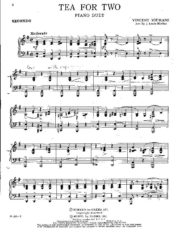 télécharger la partition d'accordéon Tea for two (Piano Duet) (Arrangement : Jacob Louis Merkur) au format PDF