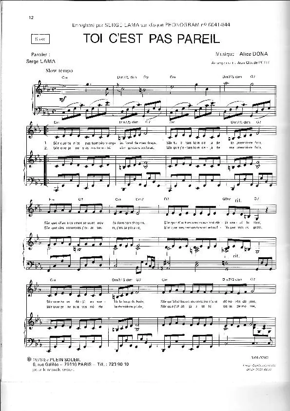 télécharger la partition d'accordéon Toi c'est pas pareil (Arrangement : Jean-Claude Petit) (Slow) au format PDF