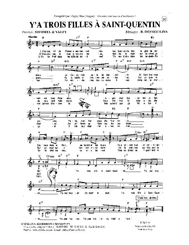 télécharger la partition d'accordéon Y'a trois filles à Saint-Quentin (Chant : Zappy Max) (Marche) au format PDF