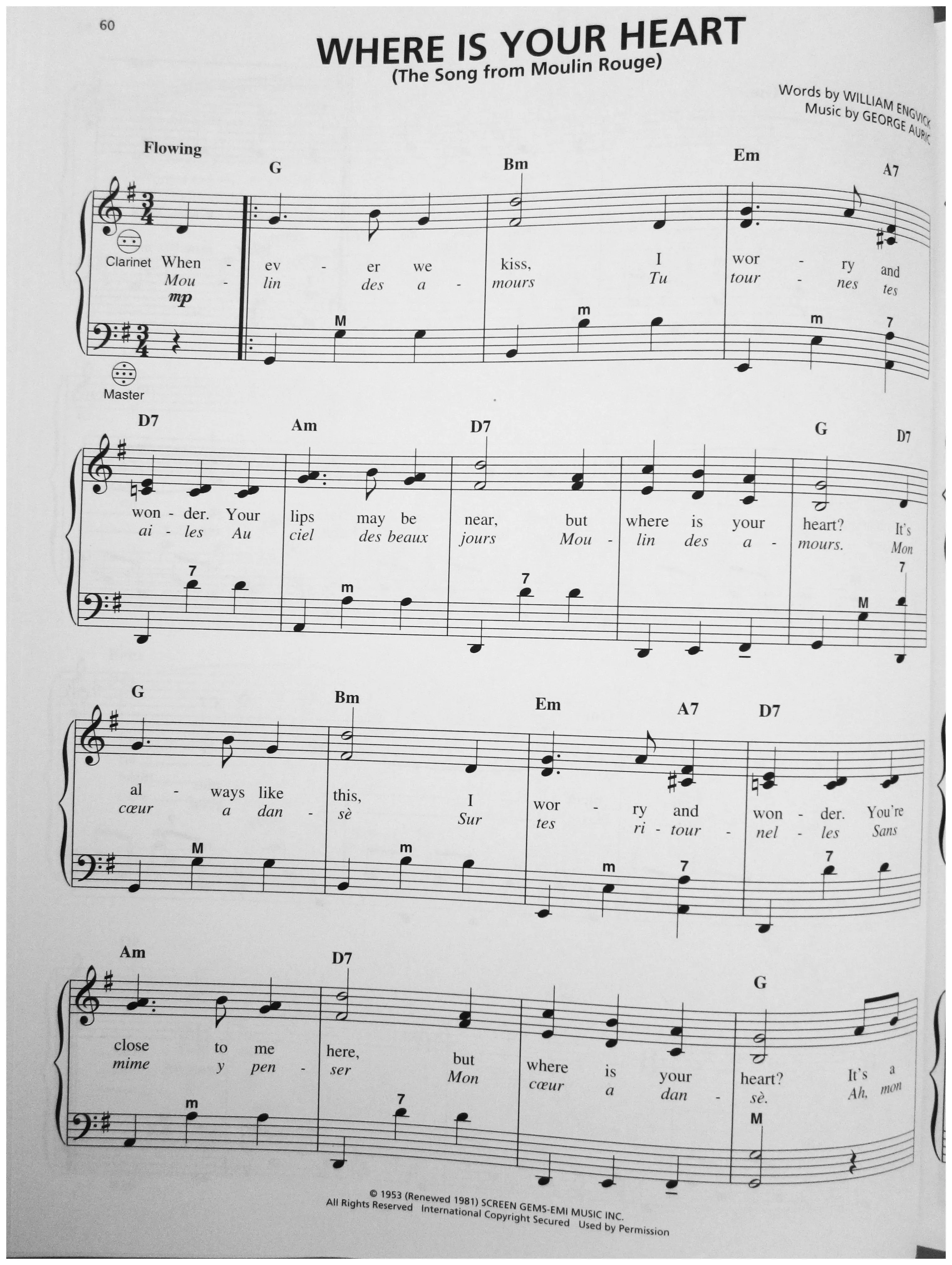 télécharger la partition d'accordéon Where is your heart (The song from Moulin Rouge) (Arrangement : Gary Meisner) (Chant : Percy Faith) (Valse Lente) au format PDF