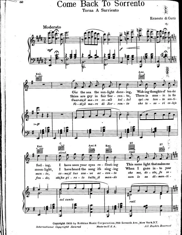 télécharger la partition d'accordéon Come back to Sorrento (Torna a Surriento) (Piano + Vocal) au format PDF