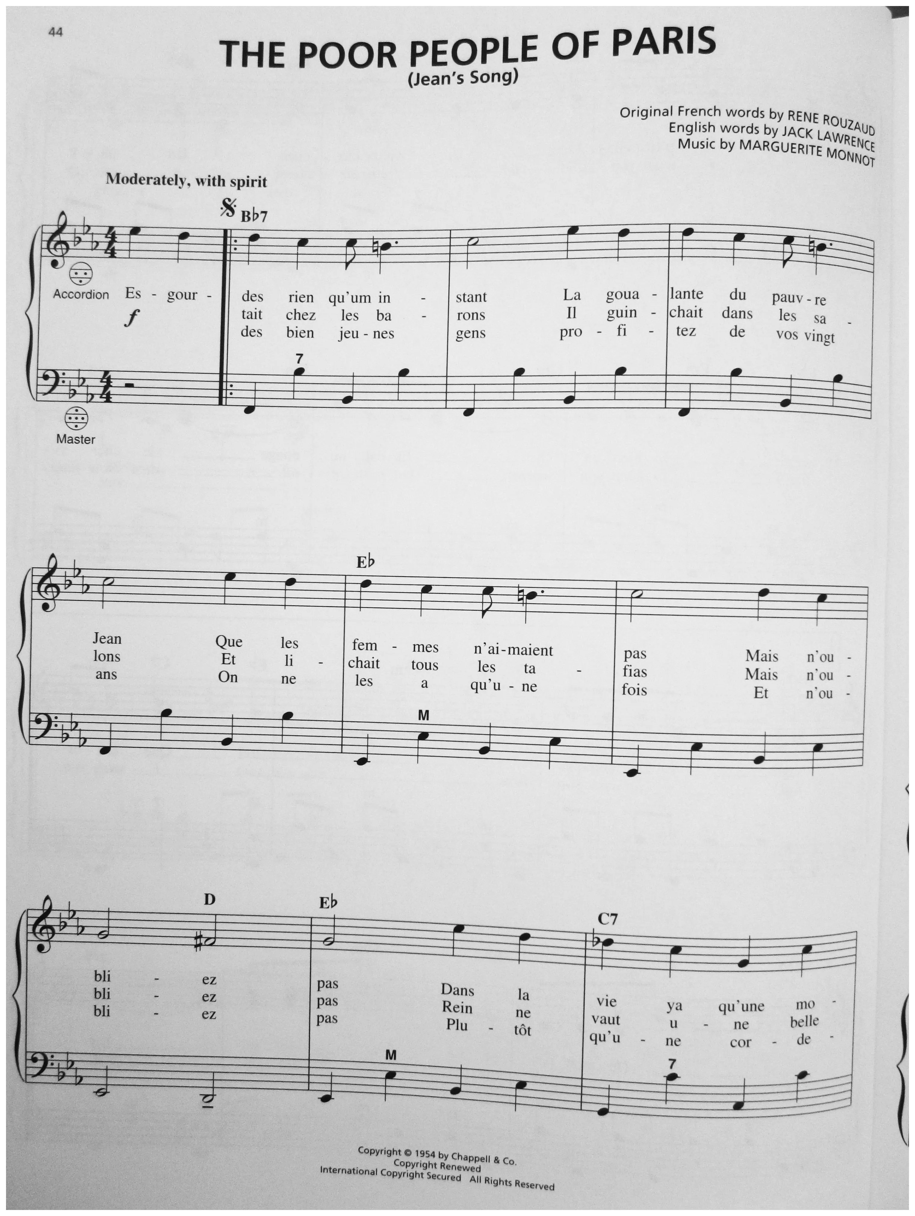 télécharger la partition d'accordéon The poor people of Paris (Jean's song) (Arrangement : Gary Meisner) (Chant : Edith Piaf) (Fox-Trot) au format PDF