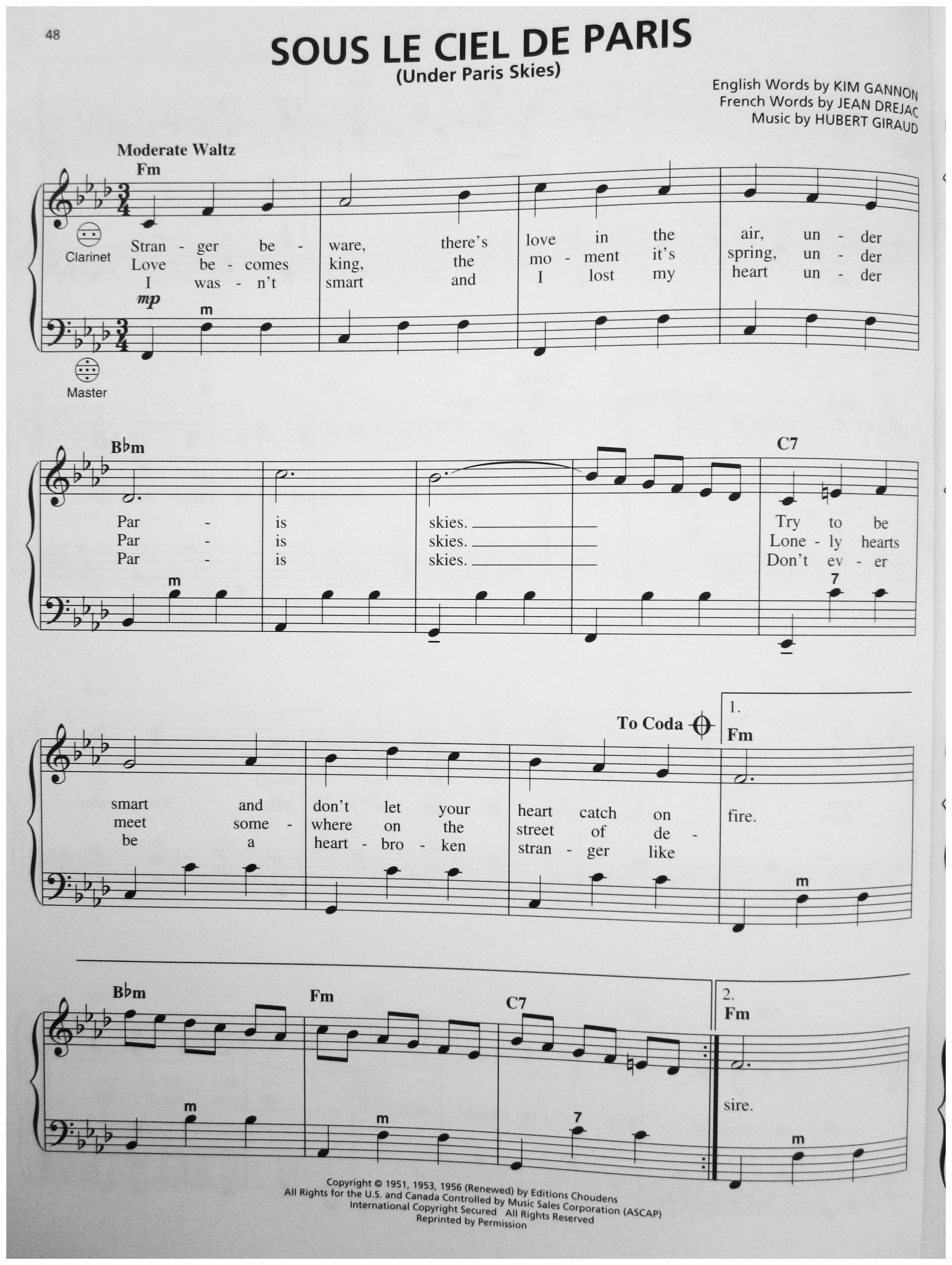 télécharger la partition d'accordéon Sous le ciel de Paris (Under Paris skies) (Arrangement : Gary Meisner) (Valse) au format PDF