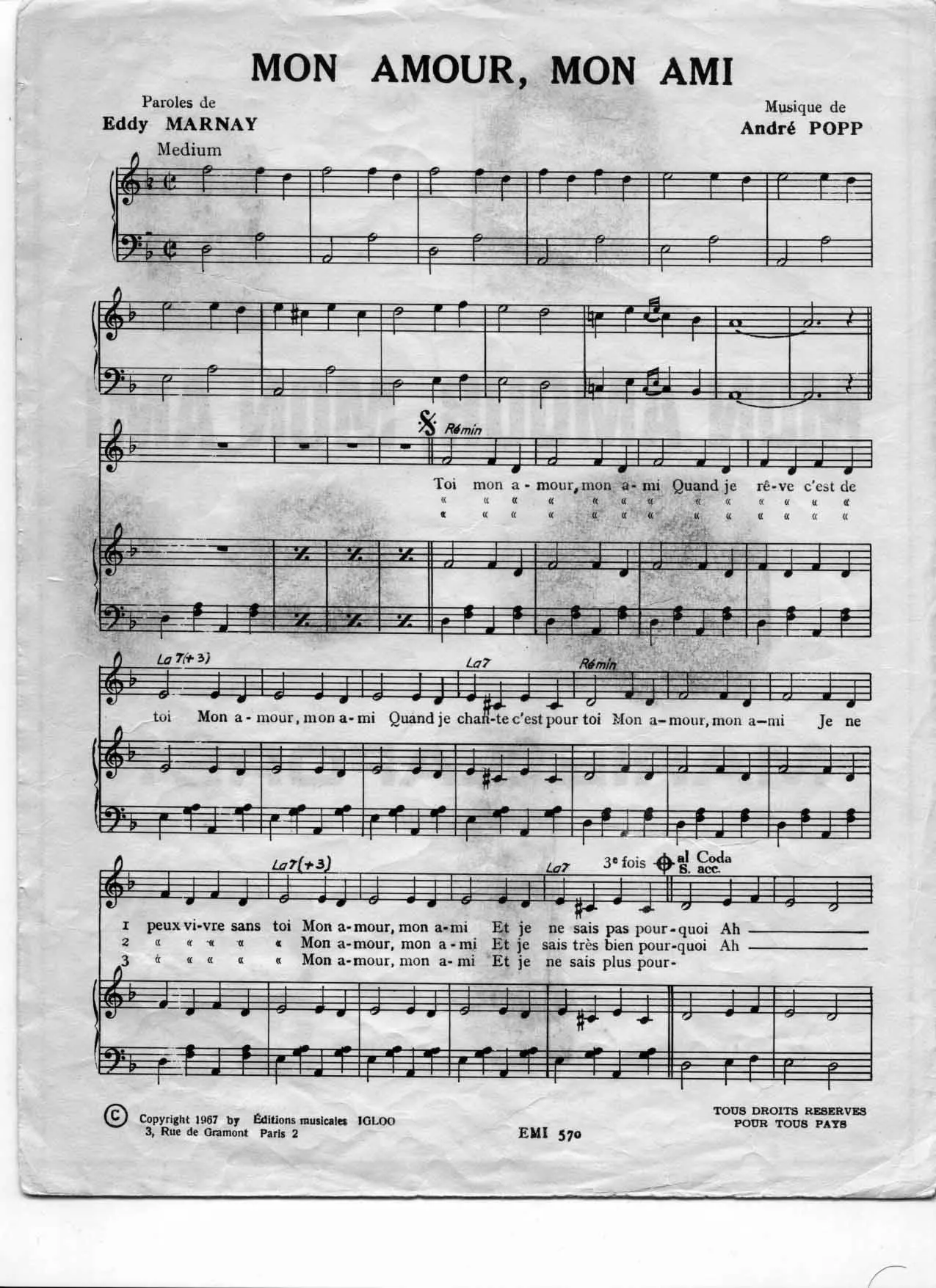 télécharger la partition d'accordéon Mon amour Mon ami (Chant : Marie Laforêt) au format PDF