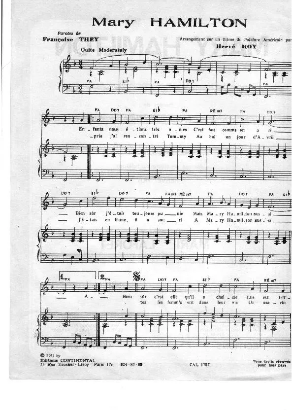 télécharger la partition d'accordéon Mary Hamilton (Chant : Marie Laforêt) au format PDF