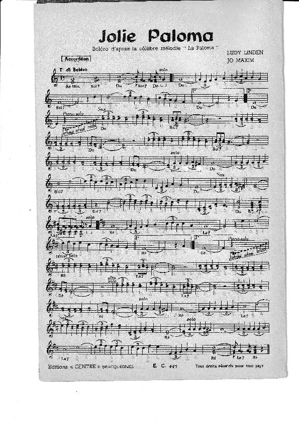 télécharger la partition d'accordéon Jolie Paloma (Orchestration) (Boléro) au format PDF