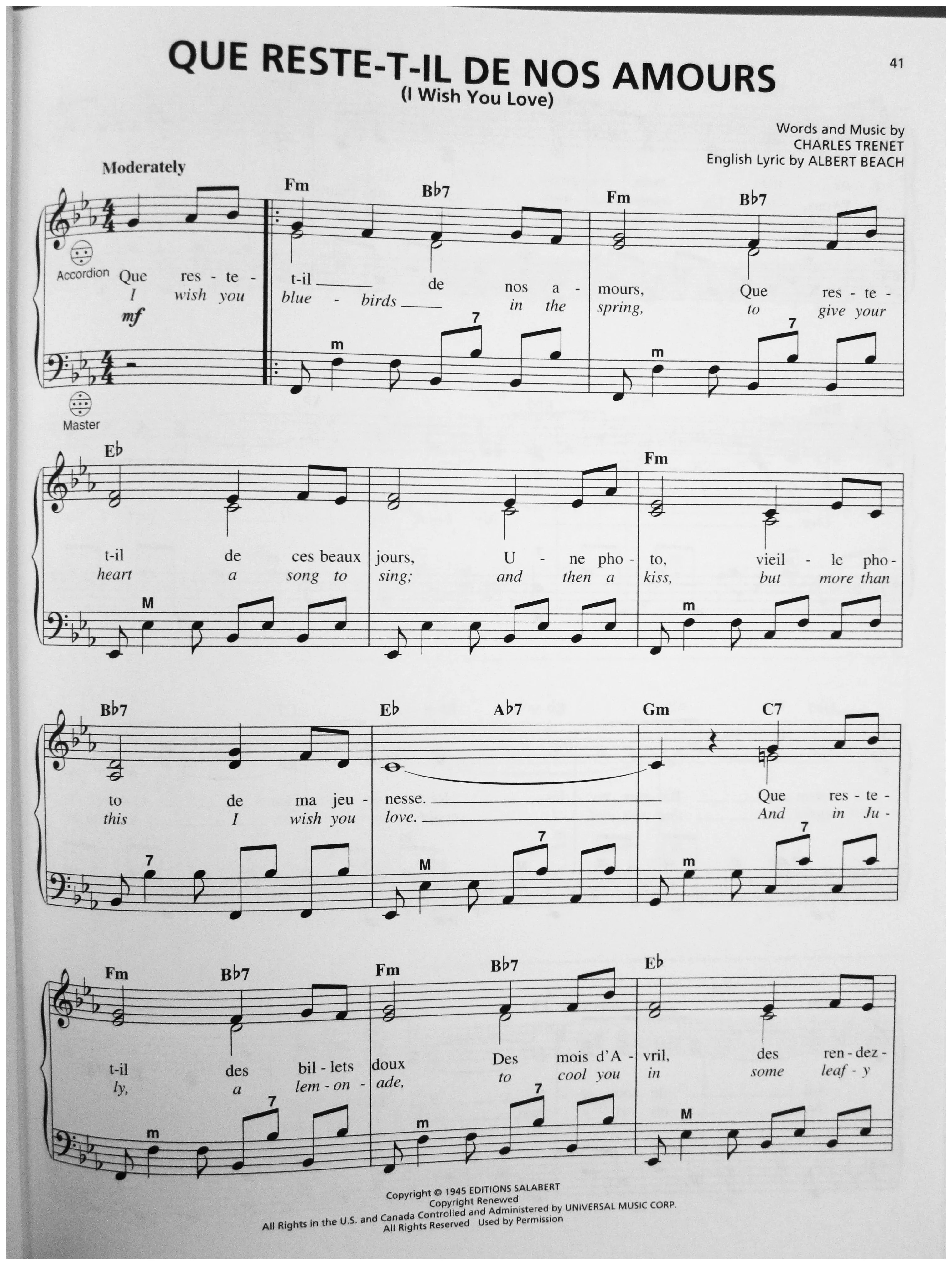télécharger la partition d'accordéon Que reste t'il de nos amours (I wish you love) (Arrangement : Gary Meisner) (Slow Fox-Trot) au format PDF