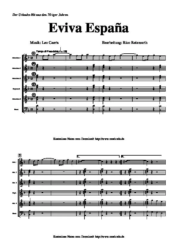 télécharger la partition d'accordéon Eviva España  (Arrangement : Rico Reinwarth) (Quartet Accordéon + Keyboards + Bass) au format PDF