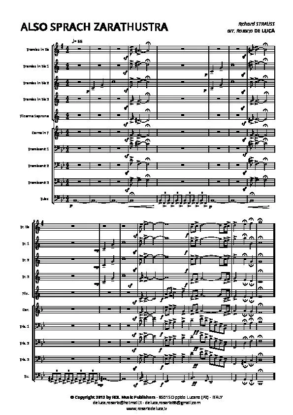 télécharger la partition d'accordéon Also Sprach Zarathustra (Arrangement : Rosario de Luca) (Brass Band Score) au format PDF