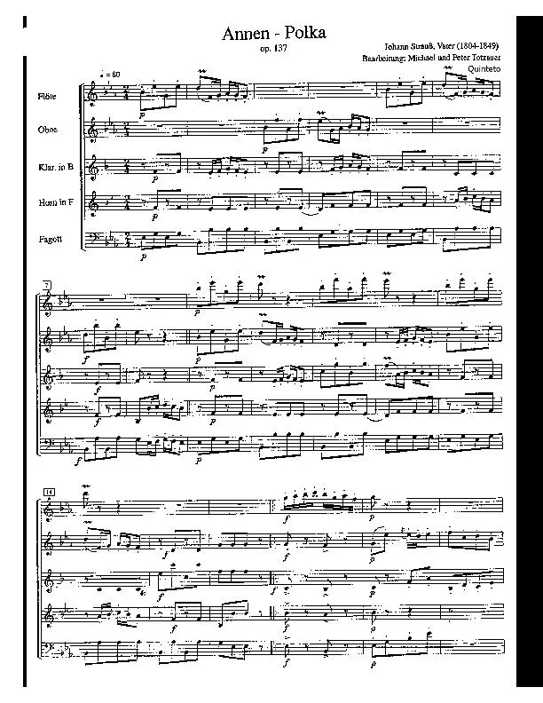 télécharger la partition d'accordéon Annen Polka (Quintet : Flöte / Oboe /Klarinet in B /Horn / Fagott) (Arrangement : Michael und Peter Totzauer) au format PDF
