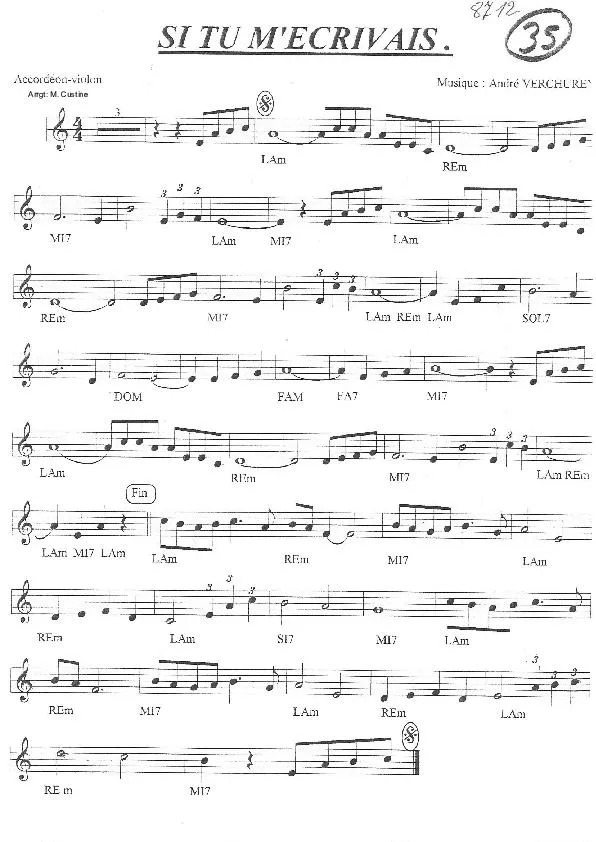 télécharger la partition d'accordéon Si tu m'écrivais (Arrangement : Michel Custine) (Duo : Accordéon + Sax Alto) (Tango) au format PDF