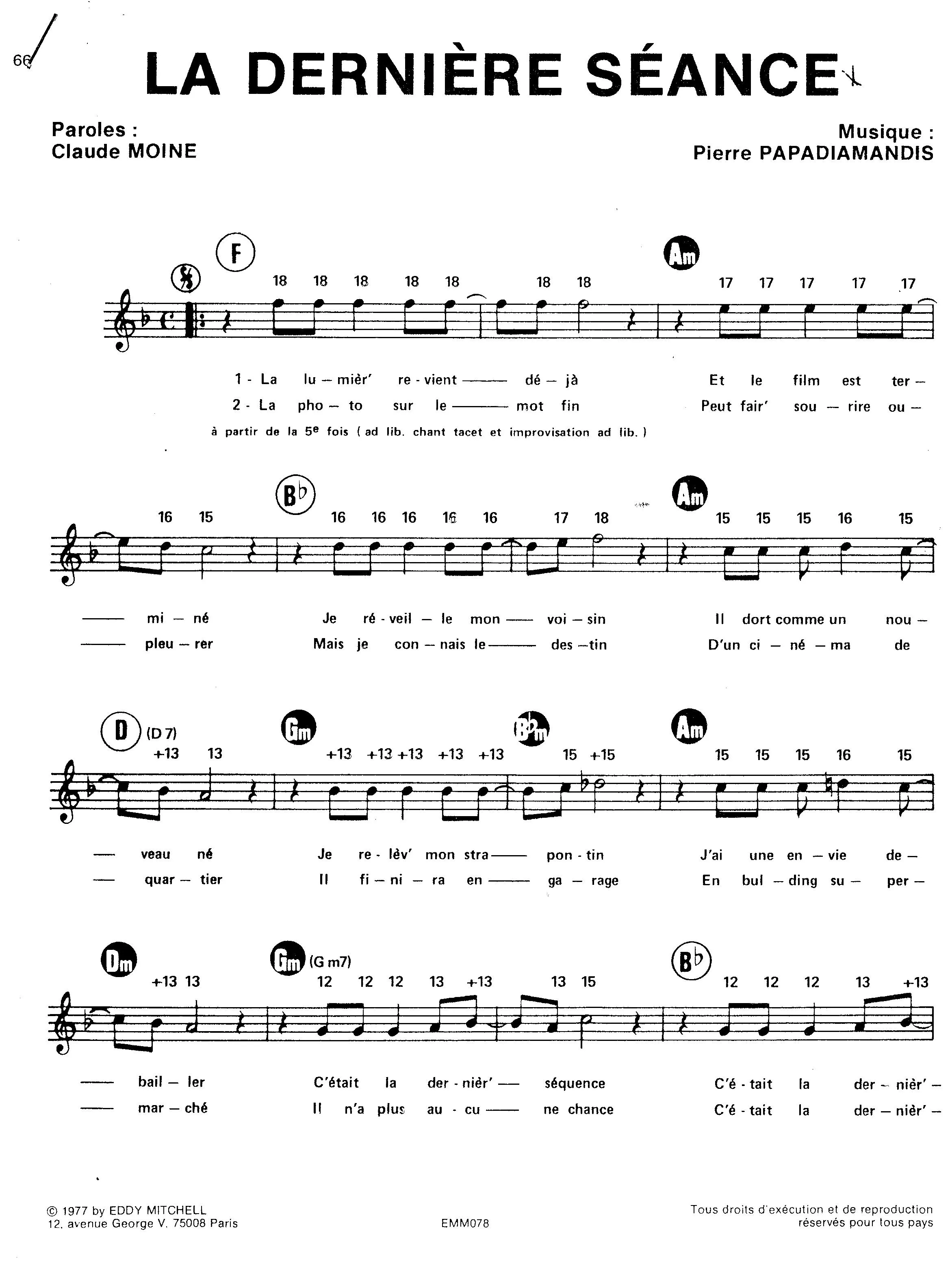 télécharger la partition d'accordéon La dernière séance (Chant : Eddy Mitchell) au format PDF