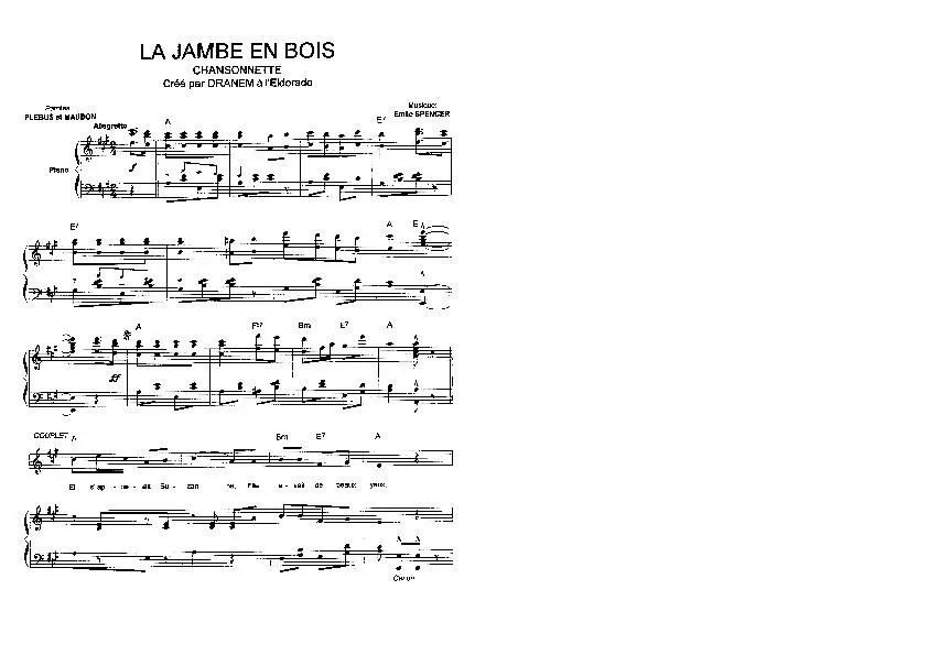 télécharger la partition d'accordéon La jambe en bois (Chant : Dranem) (Marche) au format PDF