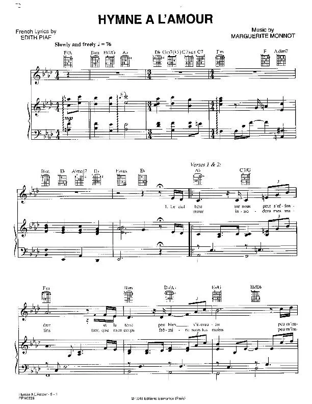 télécharger la partition d'accordéon Hymne à l'amour au format PDF