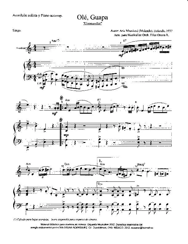 télécharger la partition d'accordéon Olé Guapa (Arrangement : Elías Osuna Rodriguez) (Acordeón solista y Piano accompagnement) (Tango) au format PDF