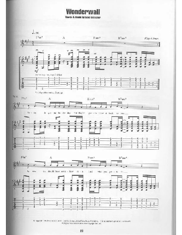 télécharger la partition d'accordéon Wonderwall (Interprètes : Oasis) (Slow) au format PDF