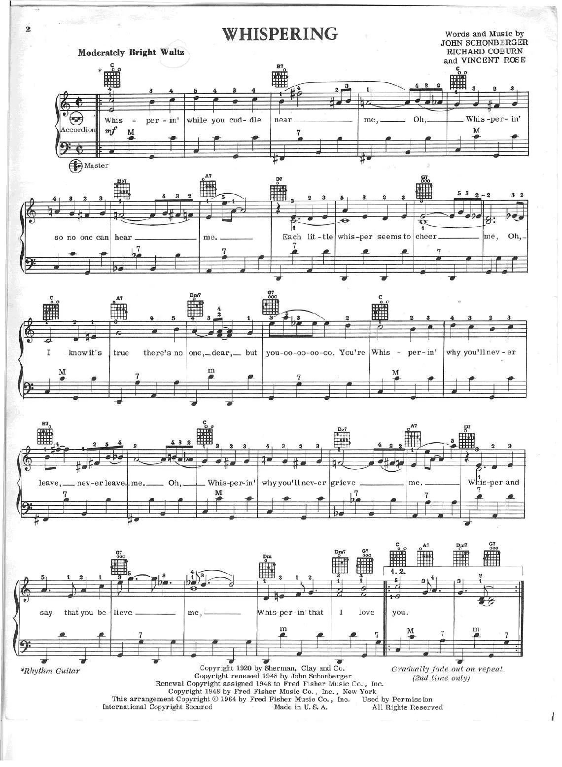 télécharger la partition d'accordéon Whispering (Swing Fox-Trot) au format PDF