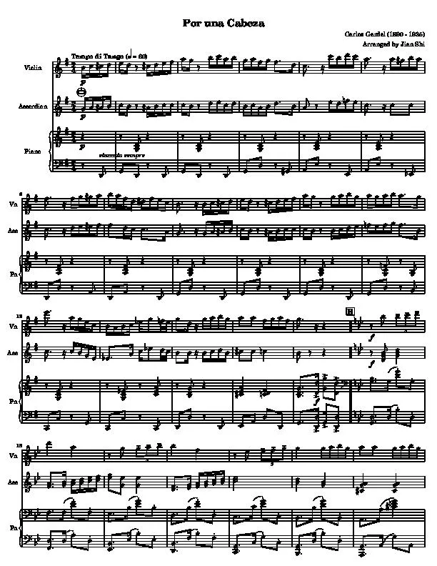 télécharger la partition d'accordéon Por Una Cabeza (Arranged by : Jian Shi) (Piano + Accordéon + Violon) au format PDF