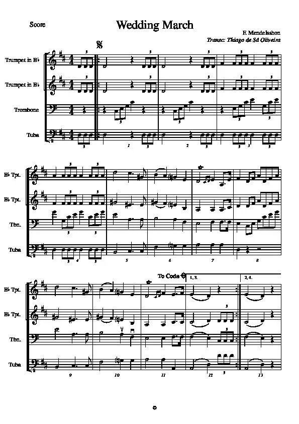 télécharger la partition d'accordéon Wedding March (Arrangement : Thiago de Sá Oliveira) (Quartet Brass) (Parties Cuivres) au format PDF