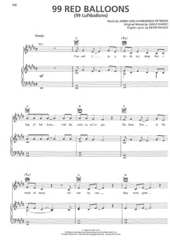 télécharger la partition d'accordéon 99 red balloons (99 Luftballons) (Chant : Nena) au format PDF