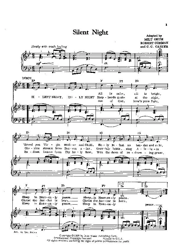 télécharger la partition d'accordéon Silent night (Arrangement : Milt Okum, Robert Corman & C C Carter) (Chant : Harry Belafonte) (Chant de Noël) au format PDF
