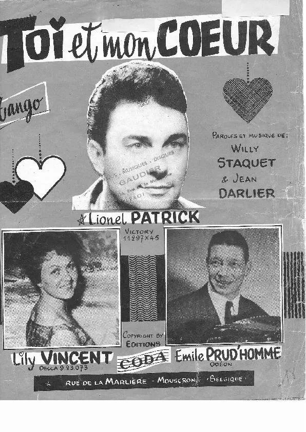 télécharger la partition d'accordéon Toi et mon cœur (Chant : Lionel Patrick / Lily Vincent) (Tango) au format PDF