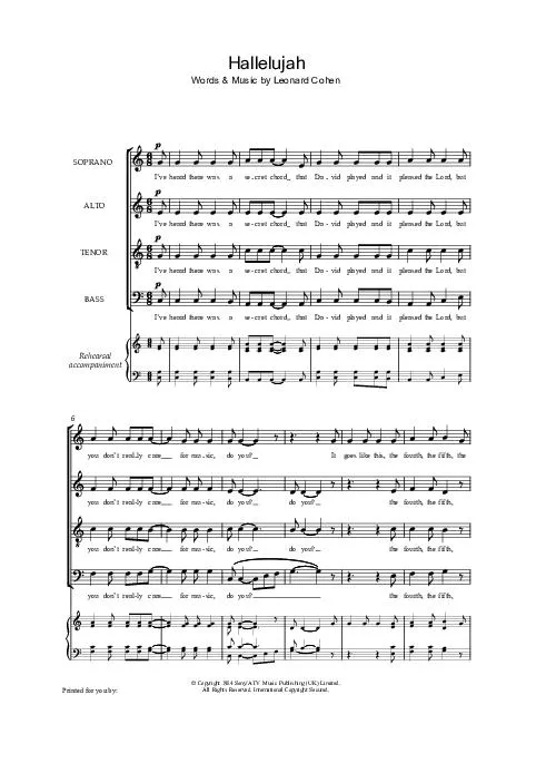 télécharger la partition d'accordéon Hallelujah (SATB) (A Capella) (Quartet Vocal : Soprano / Alto / Ténor / Basse + Rehearsal Accompaniment) au format PDF