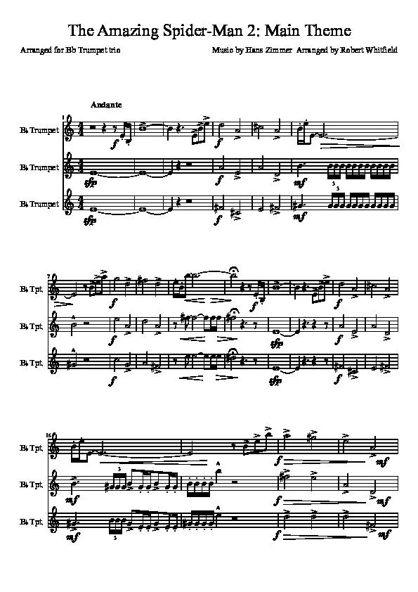 télécharger la partition d'accordéon The Amazing Spider-Man 2 : Main Theme (Arranged by : Robert Whitfield) (Arranged for : Bb Trumpet Trio) au format PDF