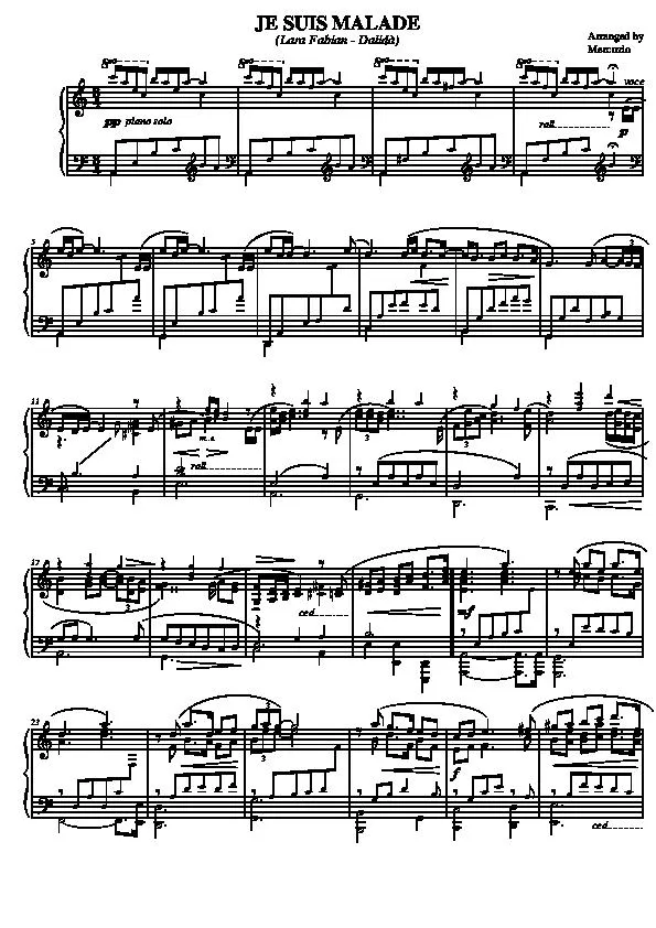 télécharger la partition d'accordéon Je suis malade (Chant : Lara Fabian / Dalida) (Arranged by : Mercuzio) (Piano) au format PDF
