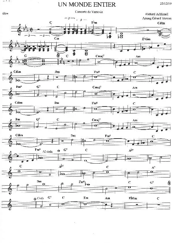 télécharger la partition d'accordéon Un monde entier (Arrangement : Gérard Merson) (Slow) au format PDF