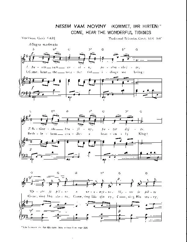 télécharger la partition d'accordéon Come, hear the wonderful tidings (Nesem vam noviny) (Kommet, ihr Hirten) (Arrangement : Walter Ehret & George K Evans) (Chant de Noël) au format PDF