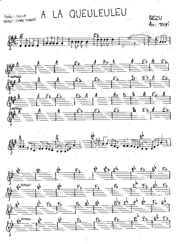 télécharger la partition d'accordéon A la queuleuleu (Chant : Bézu) (Arrangement : Toufi) (Partition Manuscrite) au format PDF