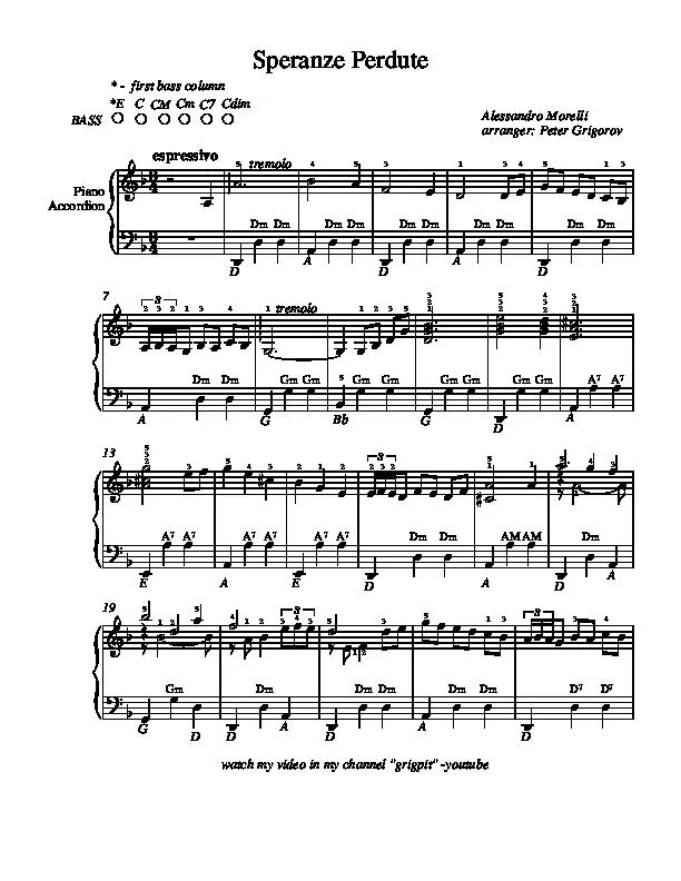 télécharger la partition d'accordéon Speranze Perdute / Espoirs perdus (Arrangement : Peter Grigorov) (Valse) (Piano / Accordéon) au format PDF