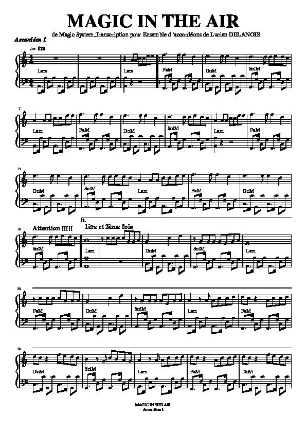 télécharger la partition d'accordéon Magic in the air (Transcription de Lucien Delanois) (1er Accordéon) au format PDF