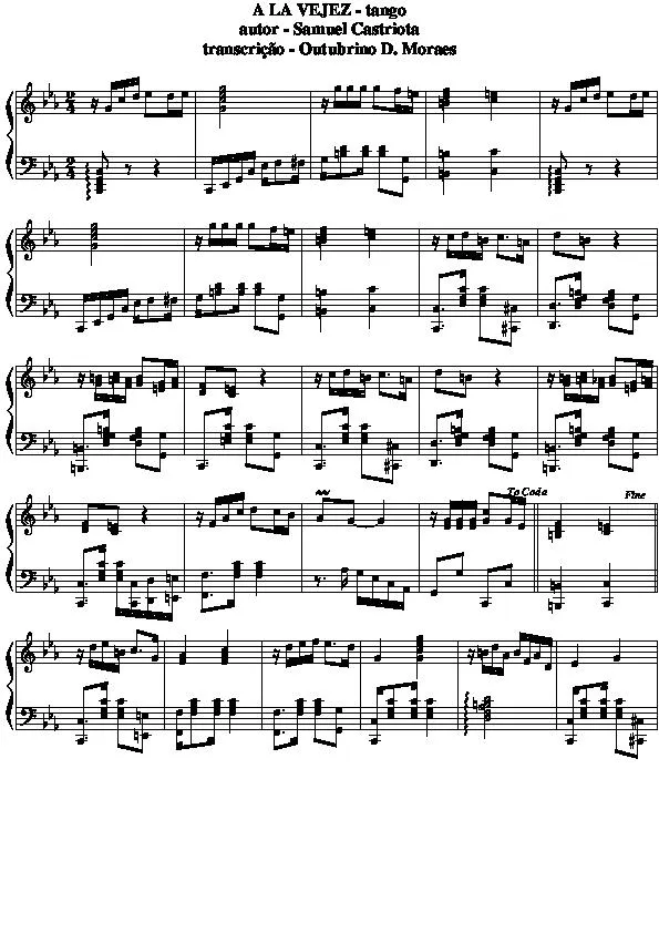 télécharger la partition d'accordéon A La Vejez (Transcrição : Outobrino Domingos de Moraes) (Tango) au format PDF