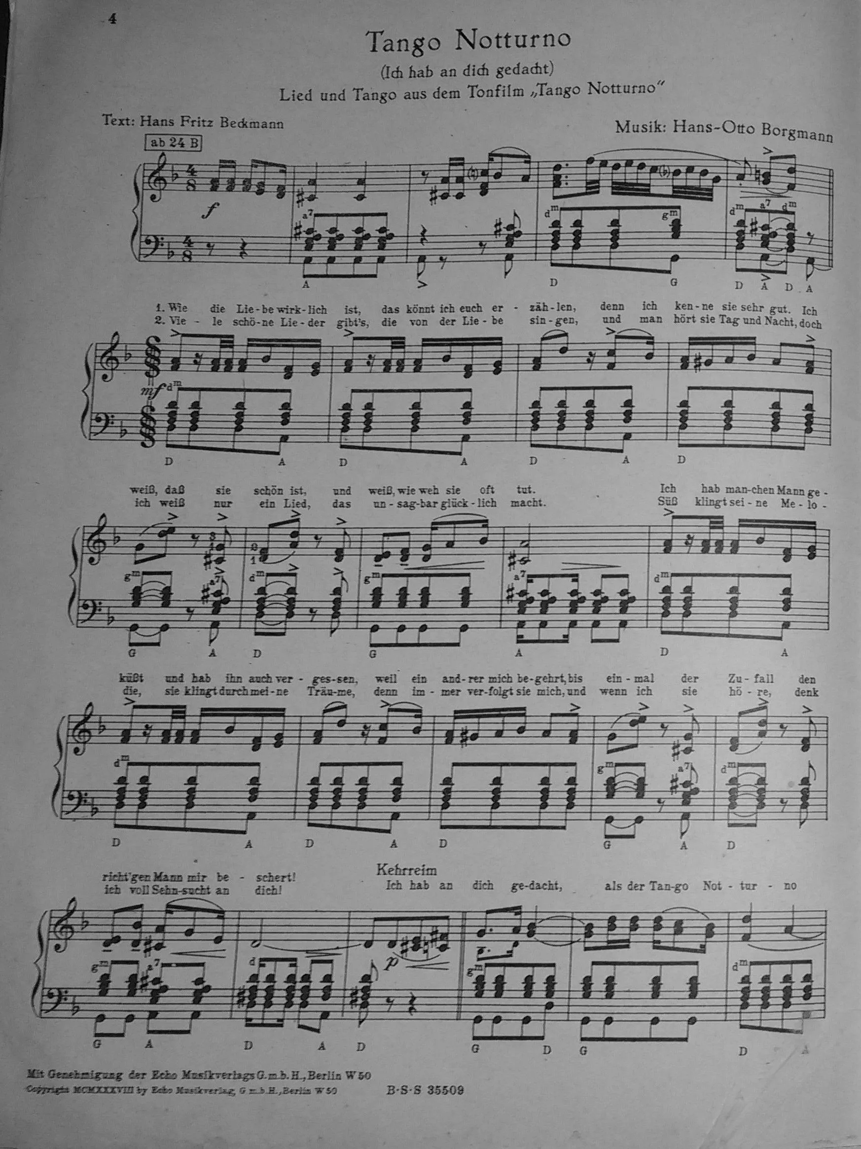 télécharger la partition d'accordéon Tango Notturno (Ich habe an dich gedacht) (Lied und Tango aus dem Film : Tango Notturno) (Original : 24 Bässe) (Accordéon) au format PDF