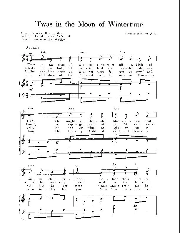 télécharger la partition d'accordéon 'Twas in the moon of Wintertime (Arrangement : Walter Ehret & George K Evans) (Chant de Noël) au format PDF