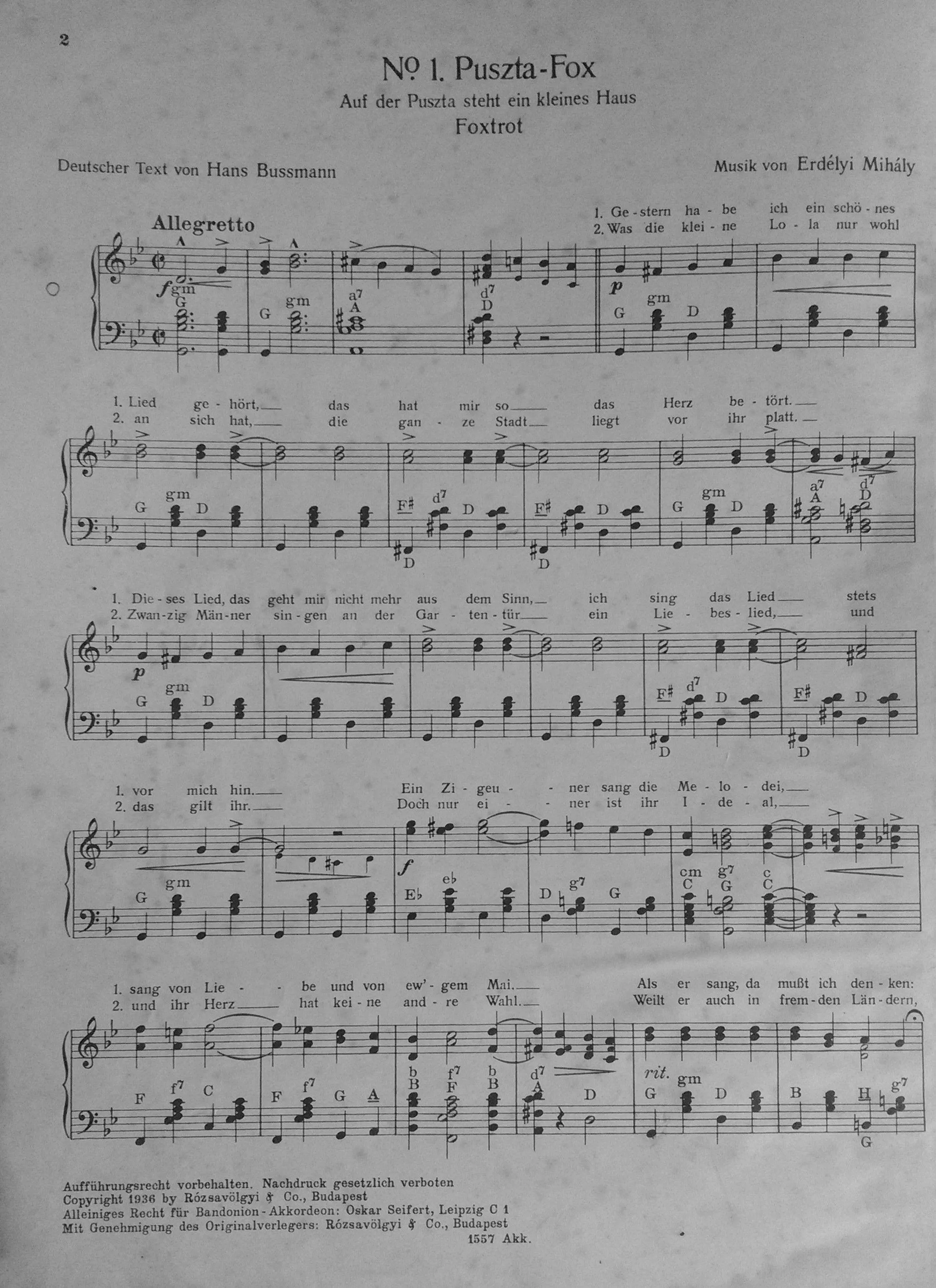 télécharger la partition d'accordéon N°1 Puszta Fox (Auf der Puszta steht ein kleines Haus) (Accordéon) (Fox Trot) au format PDF