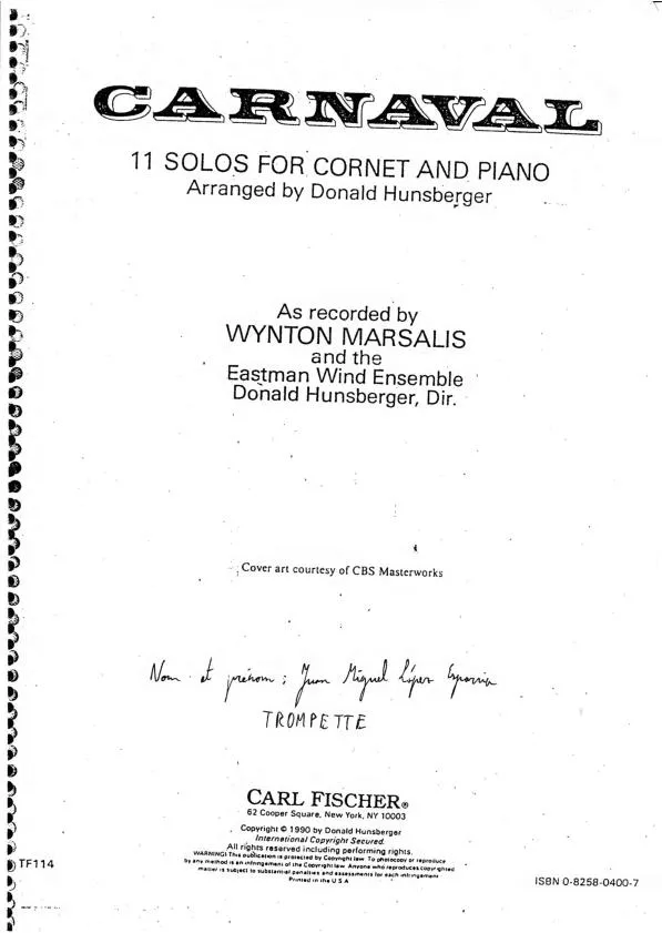 télécharger la partition d'accordéon Carnaval : 11 Solos For Cornet And Piano (Arranged by : Donald Hunsberger) (As Recorded by : Wynton Marsalis and the Eastman Wind Ensemble Donald Hunsberger Dir) au format PDF