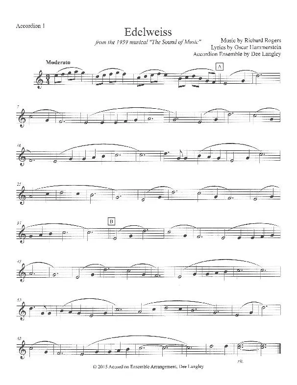 télécharger la partition d'accordéon Edelweiss (Arrangement pour ensemble d'accordéons de Dee Langley) (Accordéon 1) (Valse) au format PDF