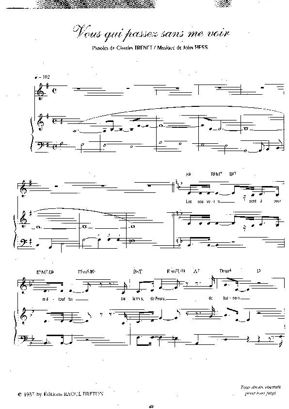 télécharger la partition d'accordéon Vous qui passez sans me voir (Chant : Jean Sablon / Leo Marjane / Ray Ventura / Charles Trenet) (Slow) au format PDF