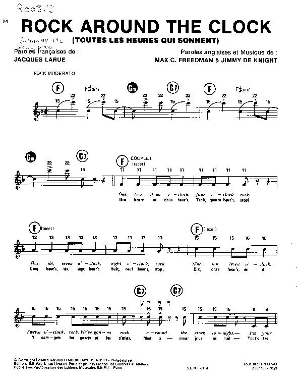 télécharger la partition d'accordéon Rock around the clock (Toutes les heures qui sonnent) (Chant : Bill Haley / Jacques Hélian) (Rock n' Roll) au format PDF