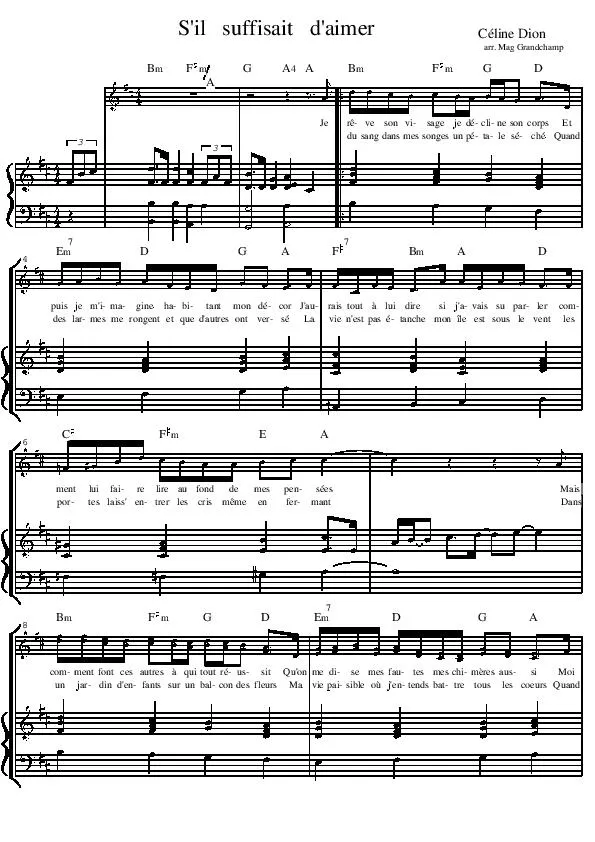 télécharger la partition d'accordéon S'il suffisait d'aimer (Arrangement de Mag Grandchamp) (Chant : Céline Dion) (Pop Rock) au format PDF