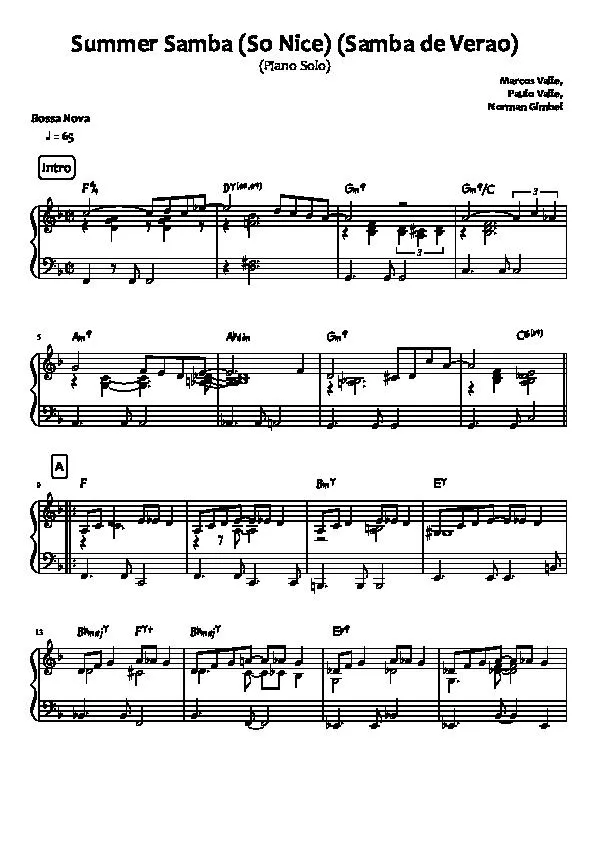 télécharger la partition d'accordéon Summer Samba (So Nice) (Samba de Verao) (Bossa Nova) (Piano Solo) au format PDF
