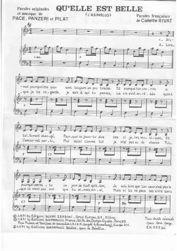 télécharger la partition d'accordéon Qu'elle est belle (L'asinello) (Chant : Rika Zaraï) au format PDF