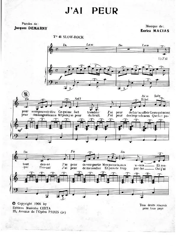 télécharger la partition d'accordéon J'ai peur (Slow Rock) au format PDF