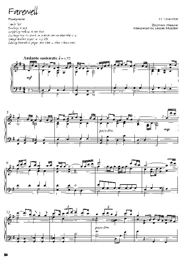 télécharger la partition d'accordéon Farewell (Pozegnanie) (Arrangement : Leszek Mozdzer) (Slow) au format PDF