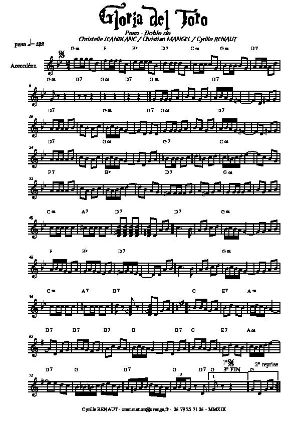 télécharger la partition d'accordéon Gloria del Toro (Paso Doble) au format PDF
