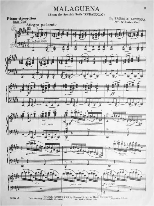 télécharger la partition d'accordéon Malagueña (From the Spanish suite : Andalucia) (Arrangement : Anthony Galla-Rini) au format PDF