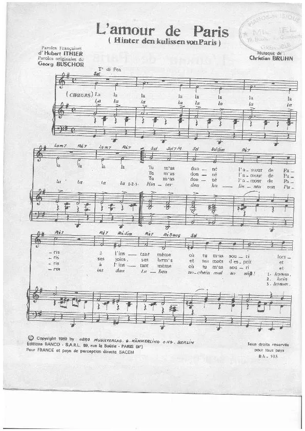 télécharger la partition d'accordéon L'amour de Paris (Hinter den Kulissen von Paris) (Chant : Mireille Mathieu) au format PDF